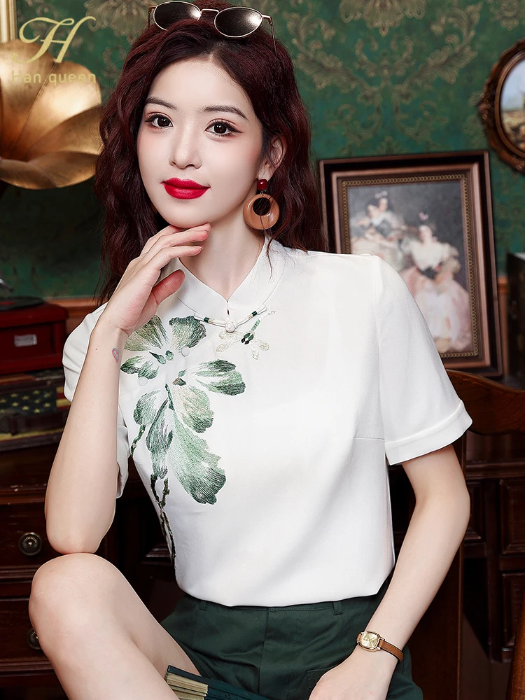 H Han Queen Summer Female Blouses Fashion Embroidery Short Sleeve Shirt Korean Casual Blouse Japanese Vntage Clothes Women Top