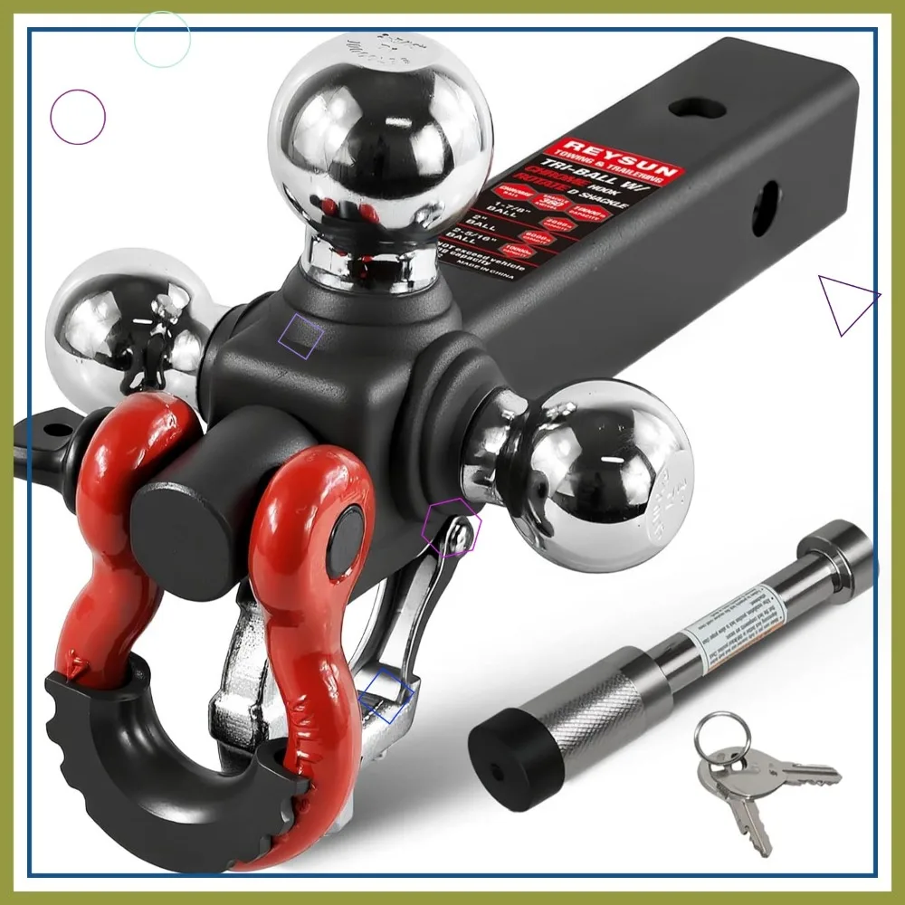 

Tri-Ball Trailer Hitch Mount with Swivel Tow Shackle & Hook, Fits 2-Inch Receiver, Chrome Balls 1-7/8", 2", 2-5/16"