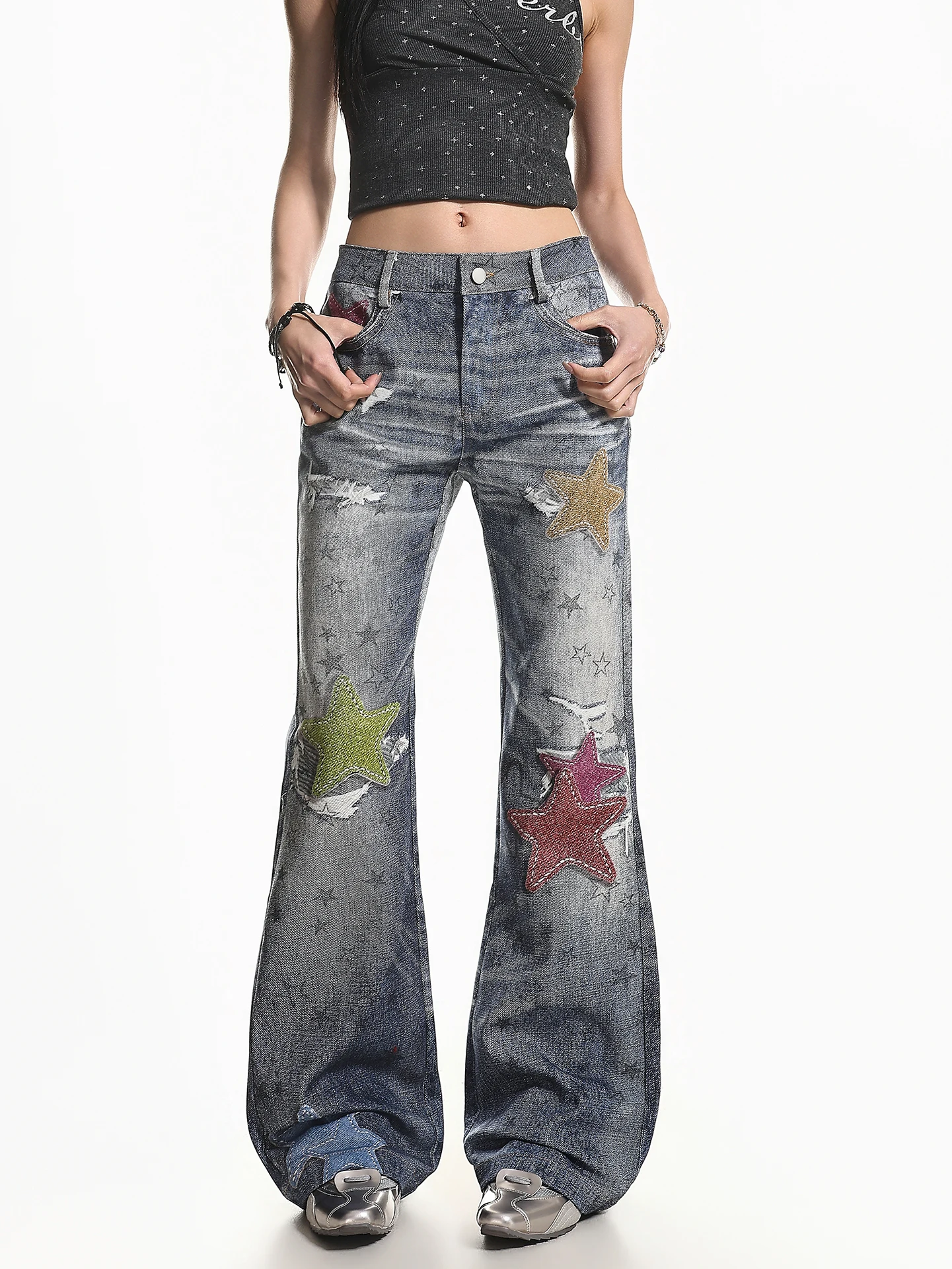 

XPKAEAX American High Street Star Embroidery Hole Denim Jeans Women Summer New Washed Vintage Flared Long Trousers
