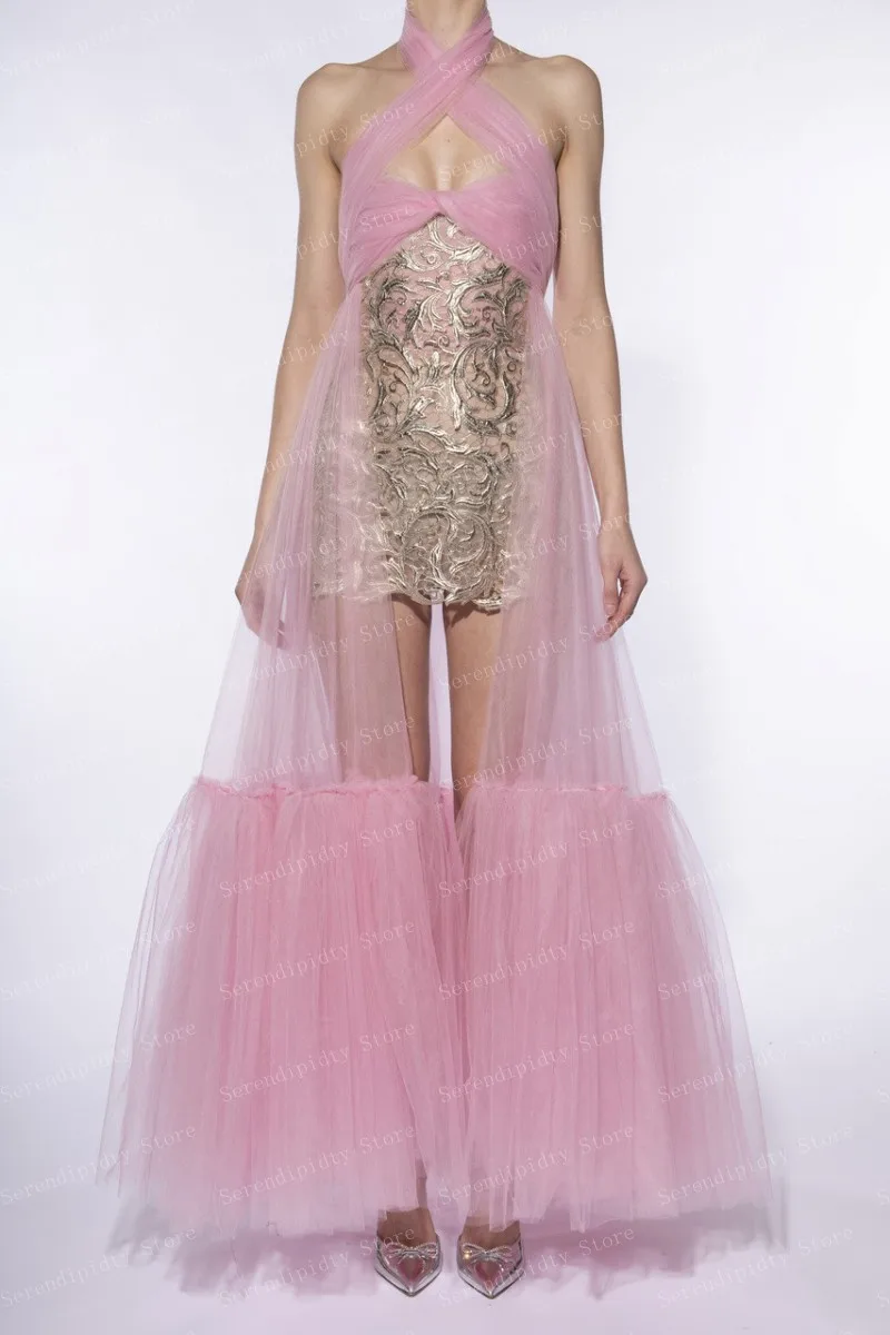 Robe de soirée dos nu en dentelle et tulle rose pour femme, vêtements de cocktail sexy, longueur de rinçage, grande taille, haut et bas