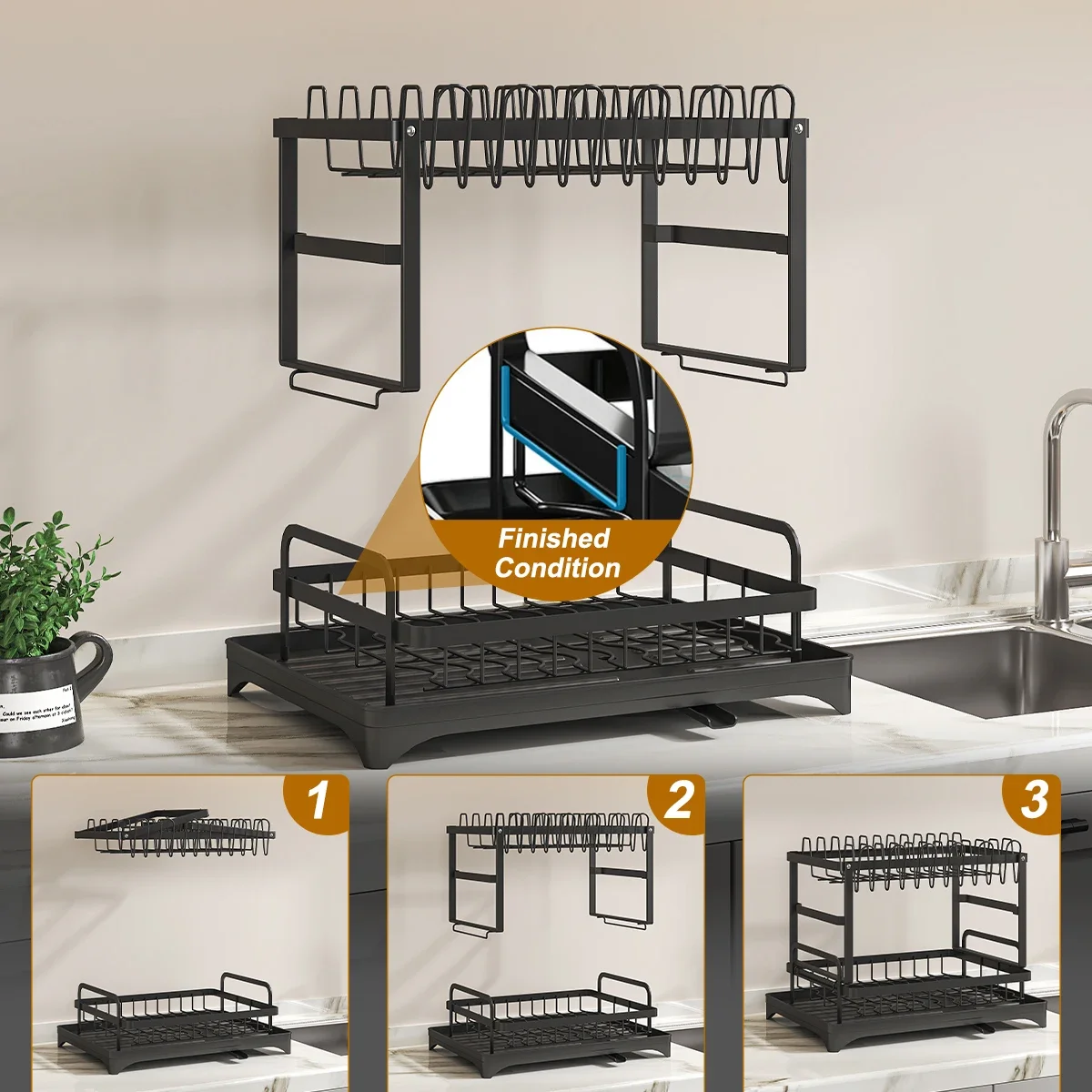 bv 2 Tier Dish Drying Rack with Utensil Holder, Metal, Large Capacity, 360° Rotating Drainage Tube, Kitchen Dish Rack Organizer
