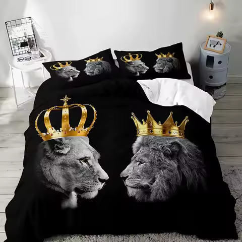 3PCS Lion King &amp; Queen Bedding Set, African Safari Animal Black Bedding, Comforter Cover, Bedroom Decor for Couples Full Size