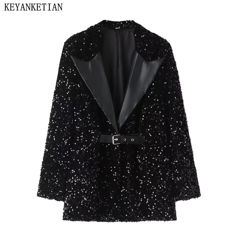 

KEYANKETIAN New Launch Fashion Luxury Sequined Decoration Women's Suit Belt buckle Seam Detail Shiny Crop Blazer Outerwear