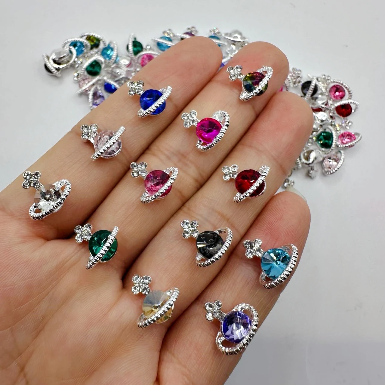 10pcs Silver Alloy Planet Nail Charms Jewelry Colorful Luxury Nail Rhinestones DIY Nail Art Decorations Accessories Planet Gems