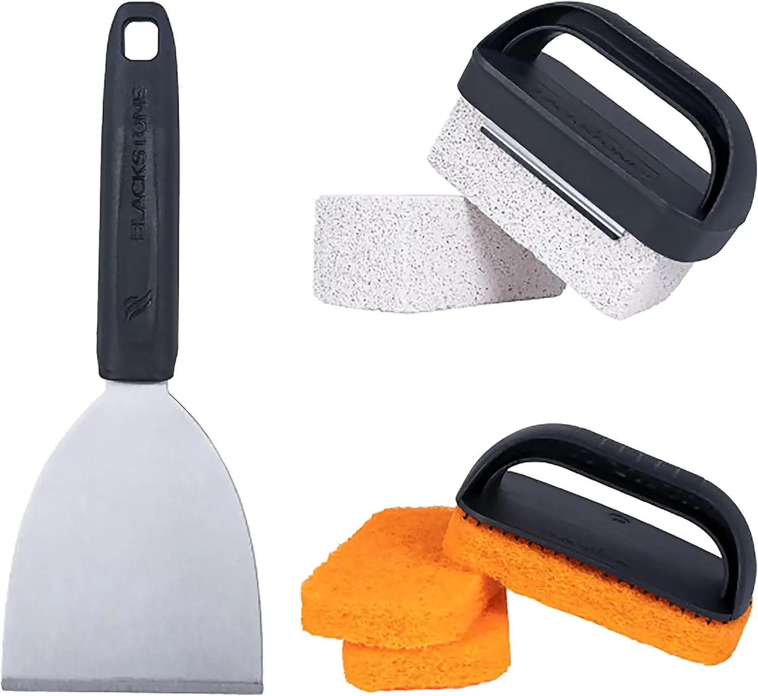 

5463 BBQ Grill Cleaning Kit (8 pcs) - Stainless Steel Scraper, Scouring Pads, Pumice Stones, Black Orange Silver