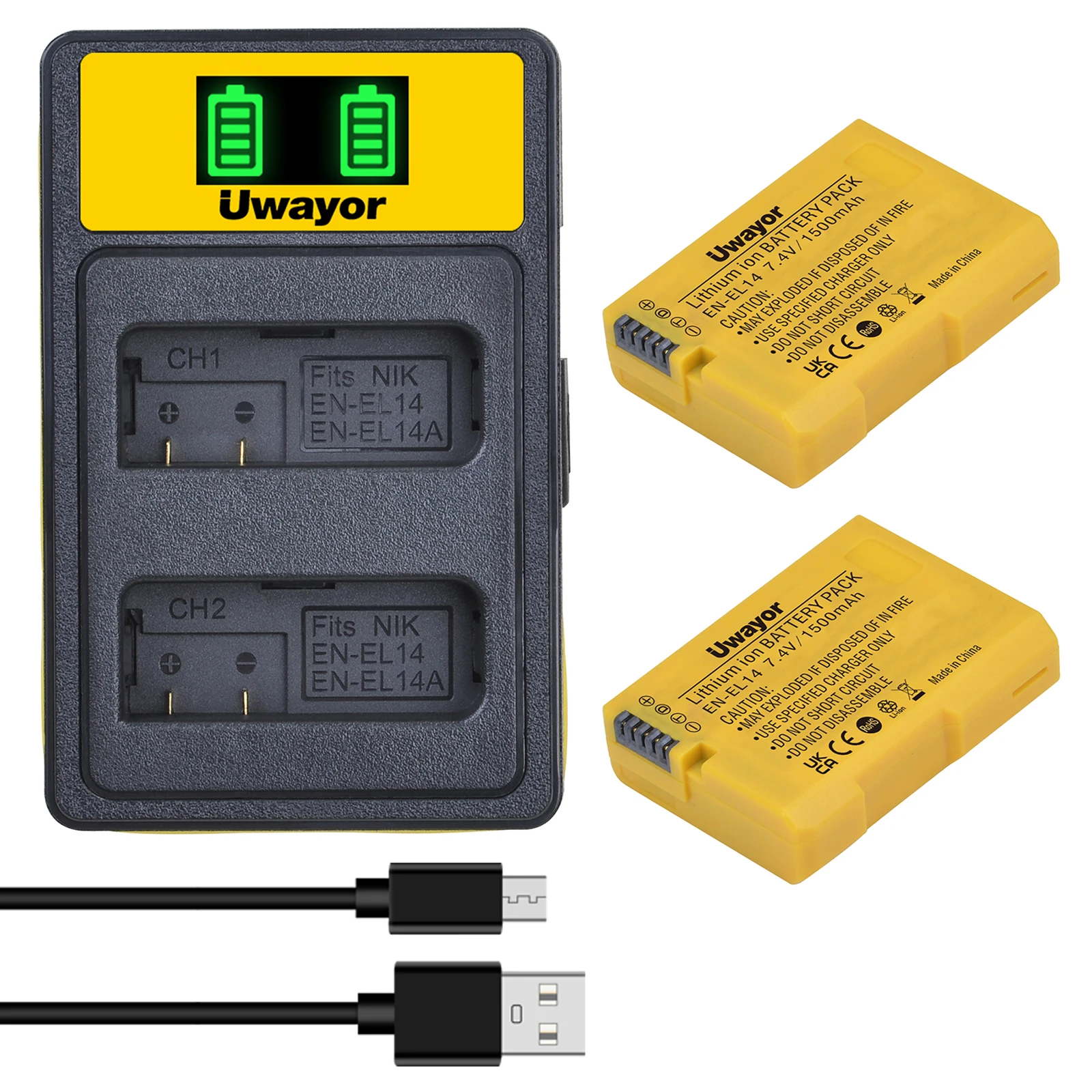 Uwayor EN-EL14/EL14a Replacement Li-ion Battery 2 Pack & Dual Charger Compatible for Nikon D5600 D5100 D5200 D5300 D5500 D3100