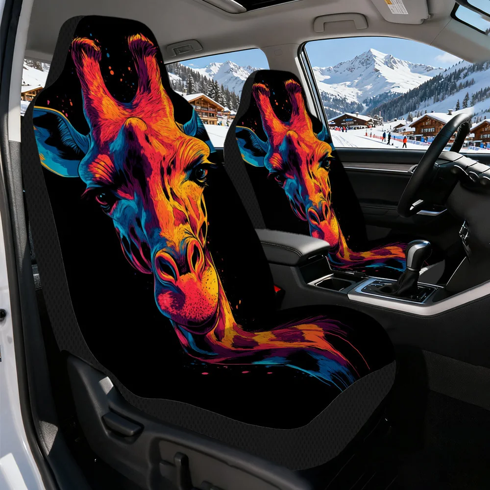 Set Of 2 Universal Car Seat Covers Featuring A Bright Neon Giraffe Design, Stylish For Your Vehicle. Ideal For Everyday Trips To