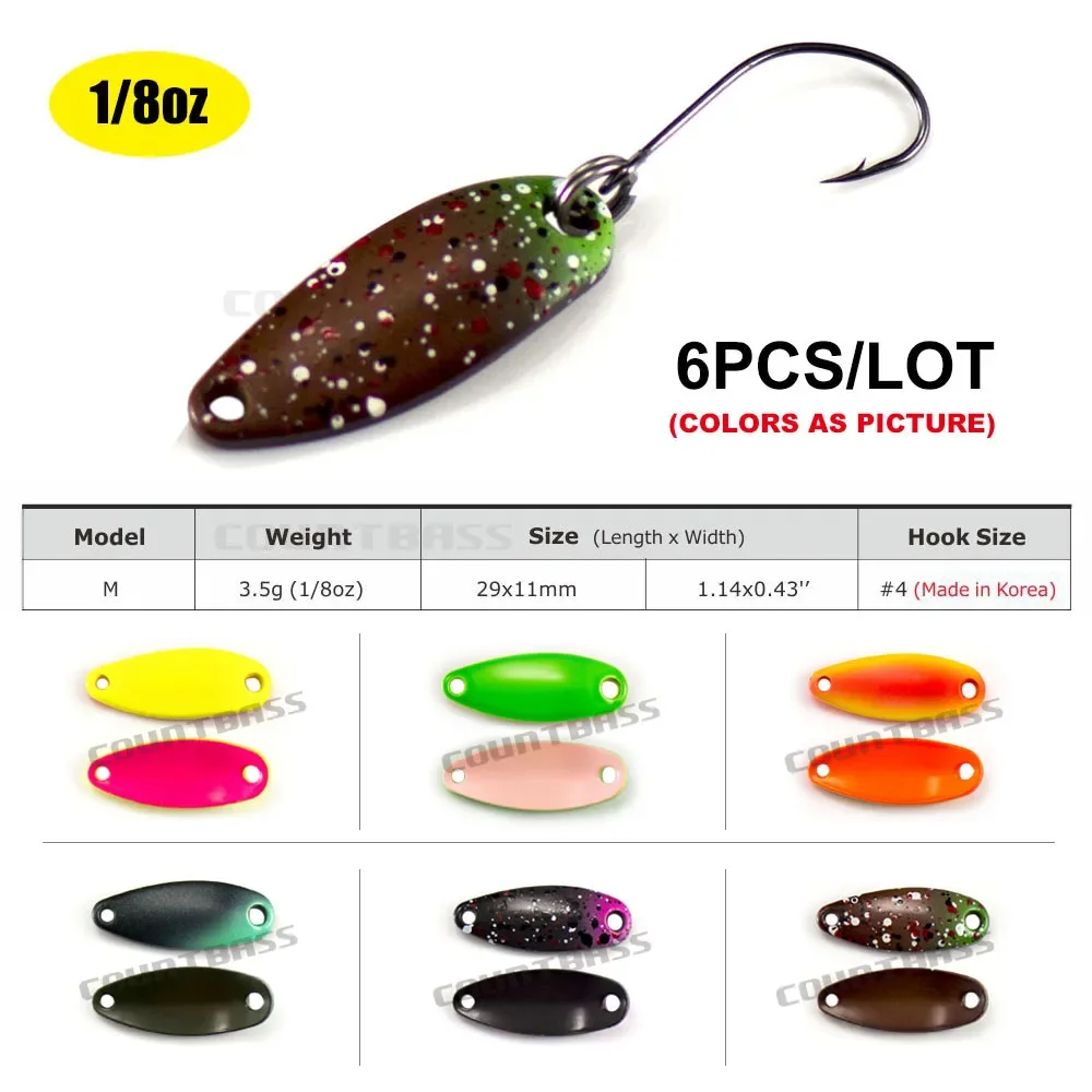 6PCS Countbass Casting Spoon With Korean Single Hook, Size 28.2x10.2mm, 2.7g  3/32oz Salmon Trout Pike Bass Fishing Lures