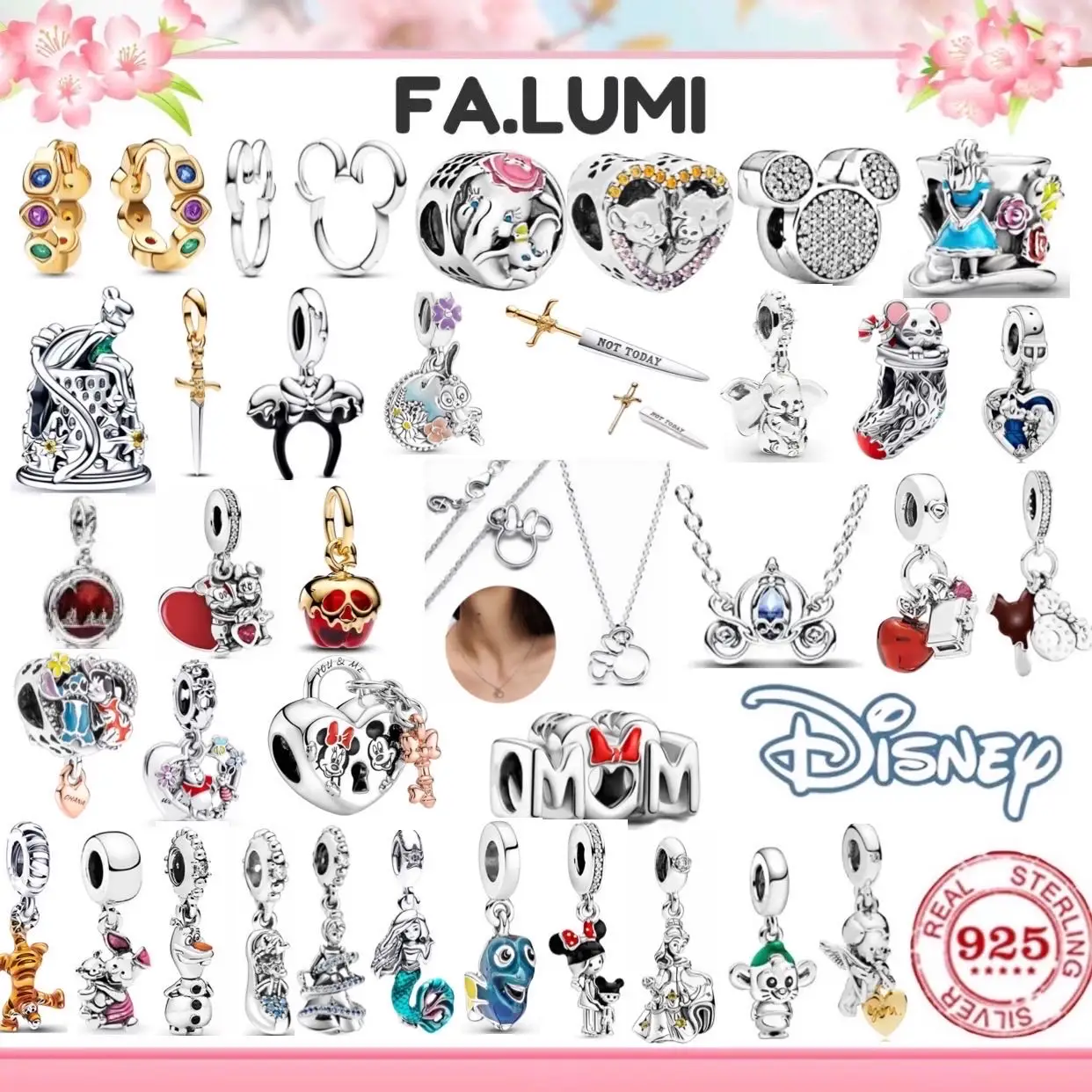 Collar de elfo Minnie de plata de ley 925% de Disney, diadema de Minnie de Apple Tiggo, pendientes de cuentas, regalo de joyería de alta gama para mujer