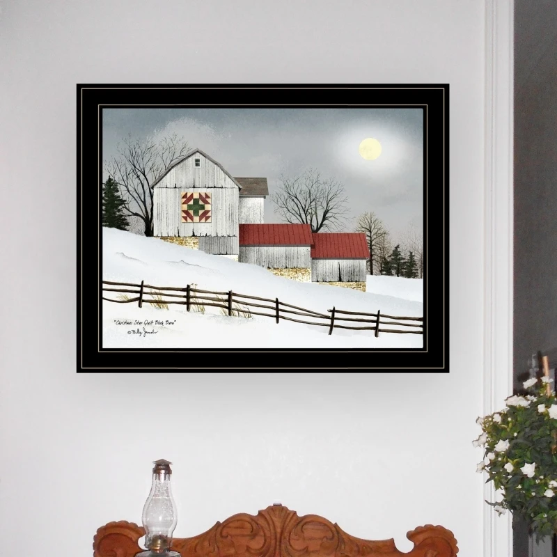 

"Christmas Star Quilt Block Barn" Art Modern Home Decor Framed Print For Living Room Bedroom & Farmhouse Wall Decora Trendy 4U