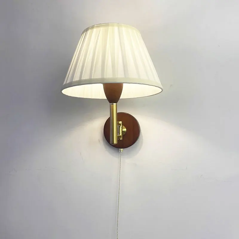 

American Telescopic Wall Lamp Fabric Folding Rocker Arm Lamp Creative Bedroom Bedside Lamp Study Solid wood Reading Wall Light