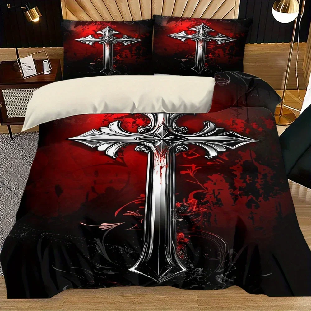 3pcs Red Gothic Cross Printed Quilt Set- Includes 1 Quilt Cover and 2 Pillow Cover (without Filler)