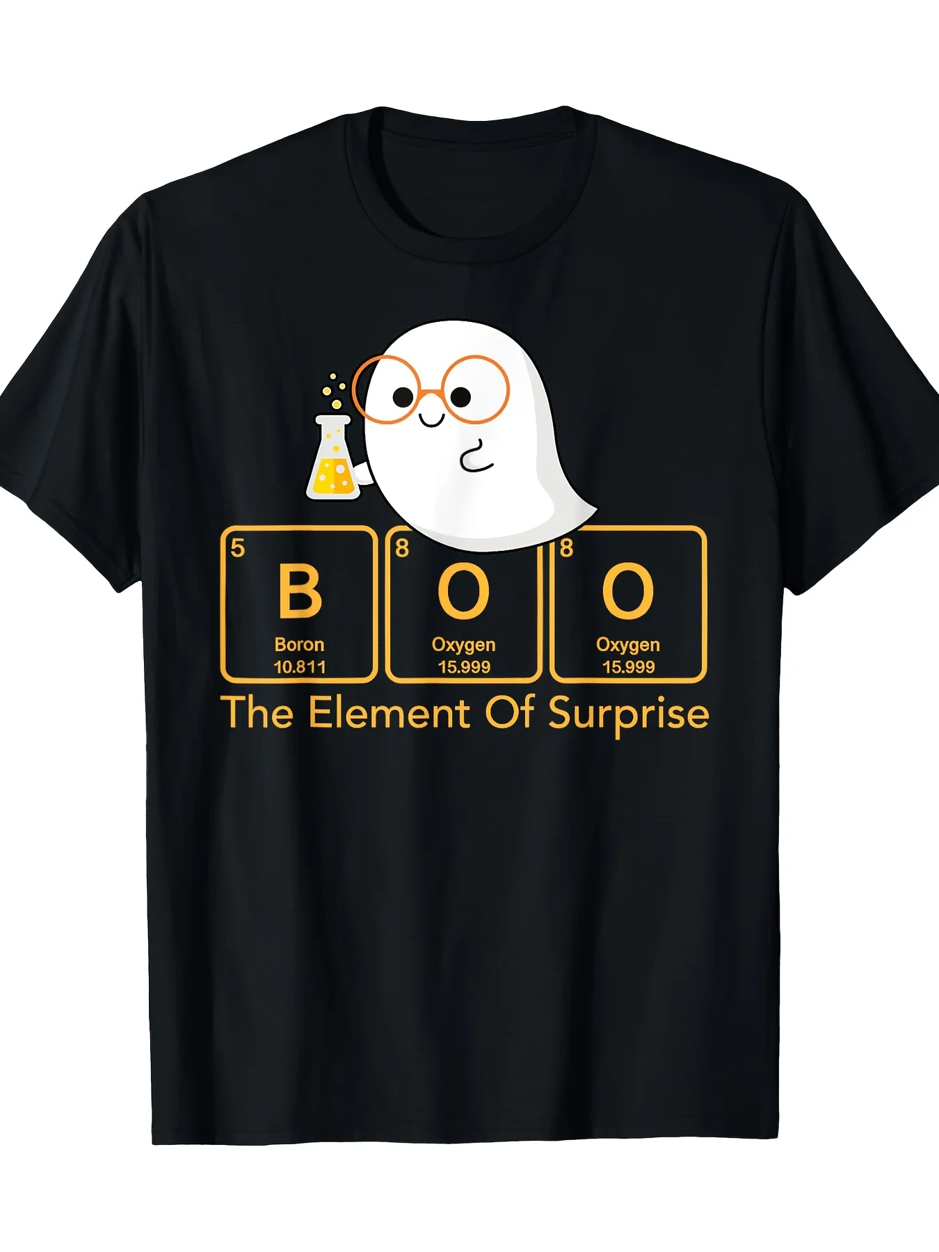 

Mens Halloween Chemistry Boo T-Shirt 100 Cotton Short Sleeve Round Neck Fun Periodic Table Design Casual Fit for Adults