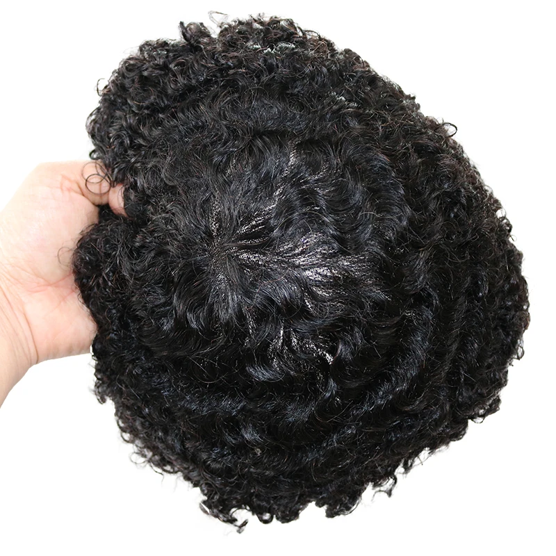 Jet Black African American 10mm Wave Men Toupee 100% Human Hair Durable Thin Skin Pu Base Man Wigs Hairpieces Prosthesis System