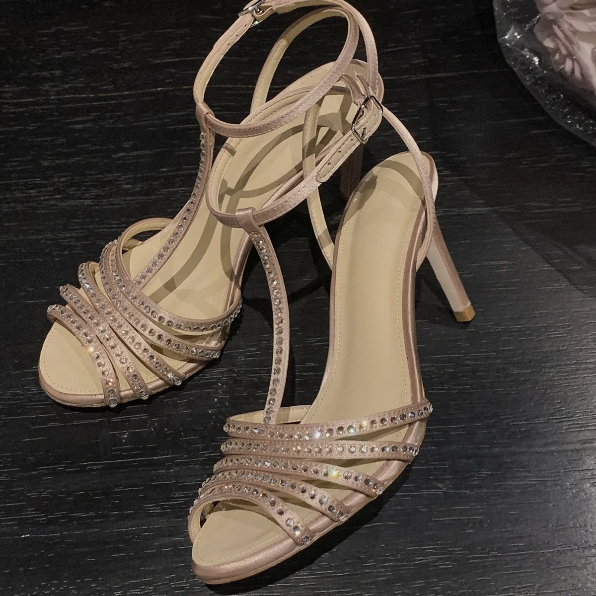 

Rhinestone Stiletto Heels T-Strap Sandals Open Toe High Heels Party Women Shoes Summer Slingback Sandalias De Mujer
