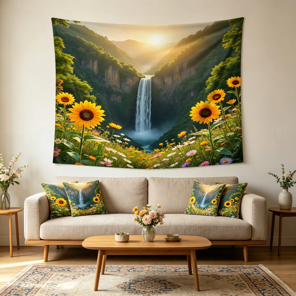 1PC Sunflower Waterfall Canyon Print Backdrop Banner, Bedroom Living Room Photo Background, Polyester, Home Decor, Wall Art