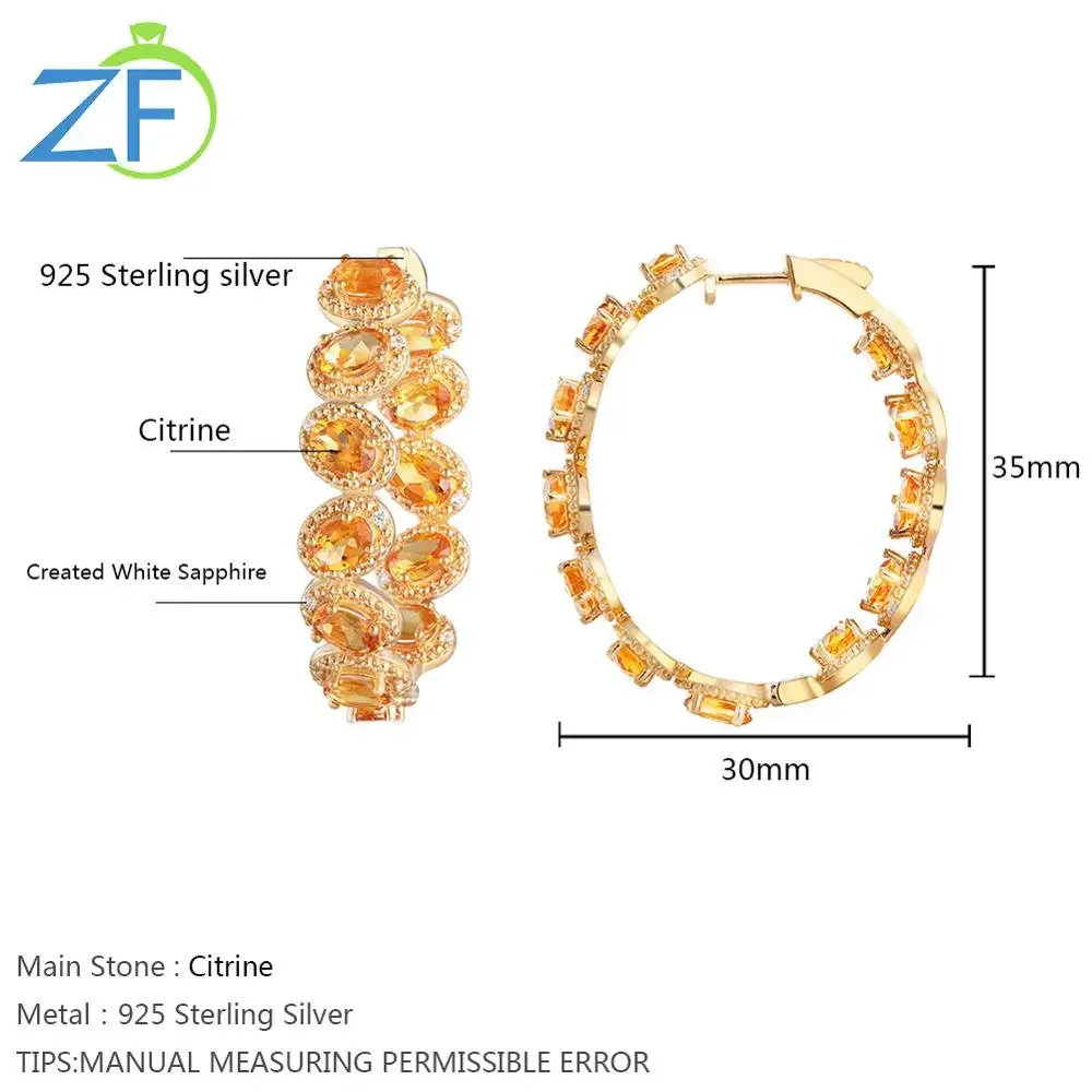 GZ ZONGFA Genuine 925 Sterling Silver Big Hoop Earrings for Women Natural Citrine Gemstone Earrings 14K Gold Plated Fine Jewelry