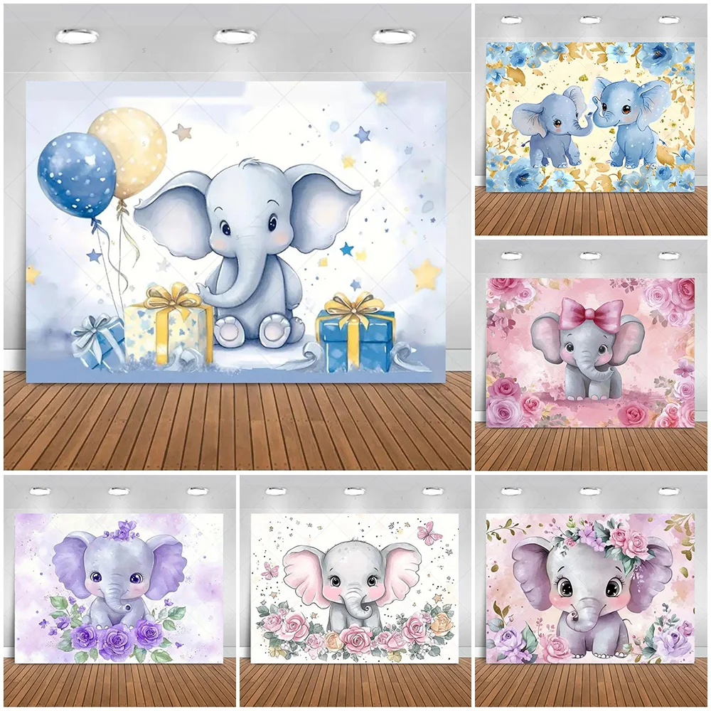 

Cute Elephant Background Animal Flower Backdrop Gender Reveal Birthday Party Decoration Newborn Baby Shower Photo Shoot Props