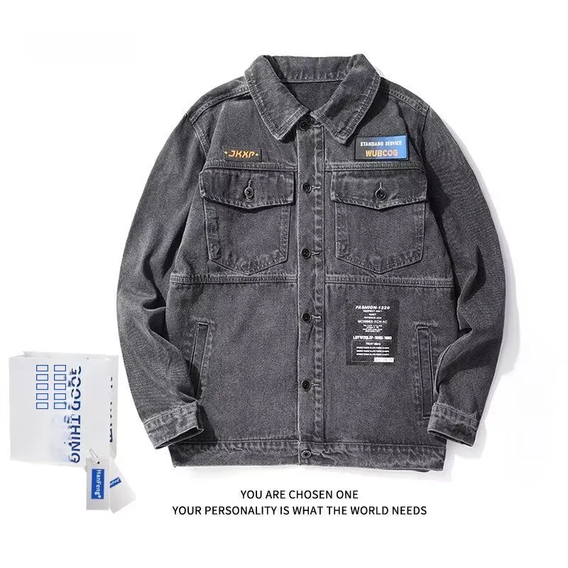 

Loose plus Size Men's Denim Jaet Spring Autumn Trendy Brand Workwear Jaet Stand Fit Long Sve Pure Color Outerwear