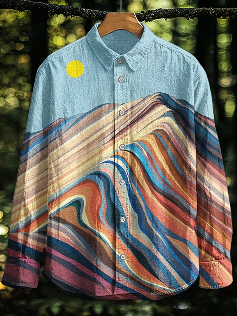 New Vintage Men's Linen Shirt Long Sleeve Chic Top Kitten Pattern Holiday Lapel Collar 3D Wave Printed Shirt Top