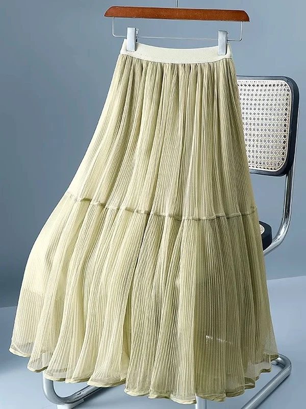 Women's Midi Skirt 2025 New Style Gauze Puffy Netting Half-length Pleated Slimming White Skirts Korean High Waist A-Line