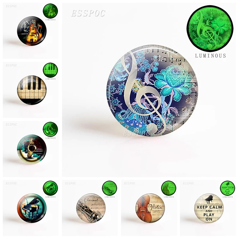 5pcs/set  Fashion Musical Note Jewelry Musical Instruments DIY Pendant Round 25mm Luminous Glass Cabochon Handmade Jewelry