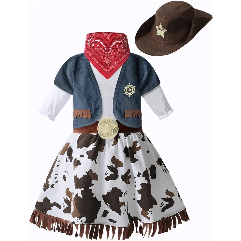

Baby Girls Western Costume Inafnt Halloween Cowgirl Cosplay Event Clothes Girl Carnival Outfit Cowboy Stage Performance 5PCS