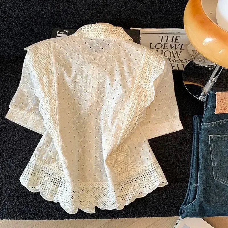 French Elegant Lace Hollow Shirt Women Ruffle Short Sleeve Lapel Blouse Summer Slim Chic Top view 3