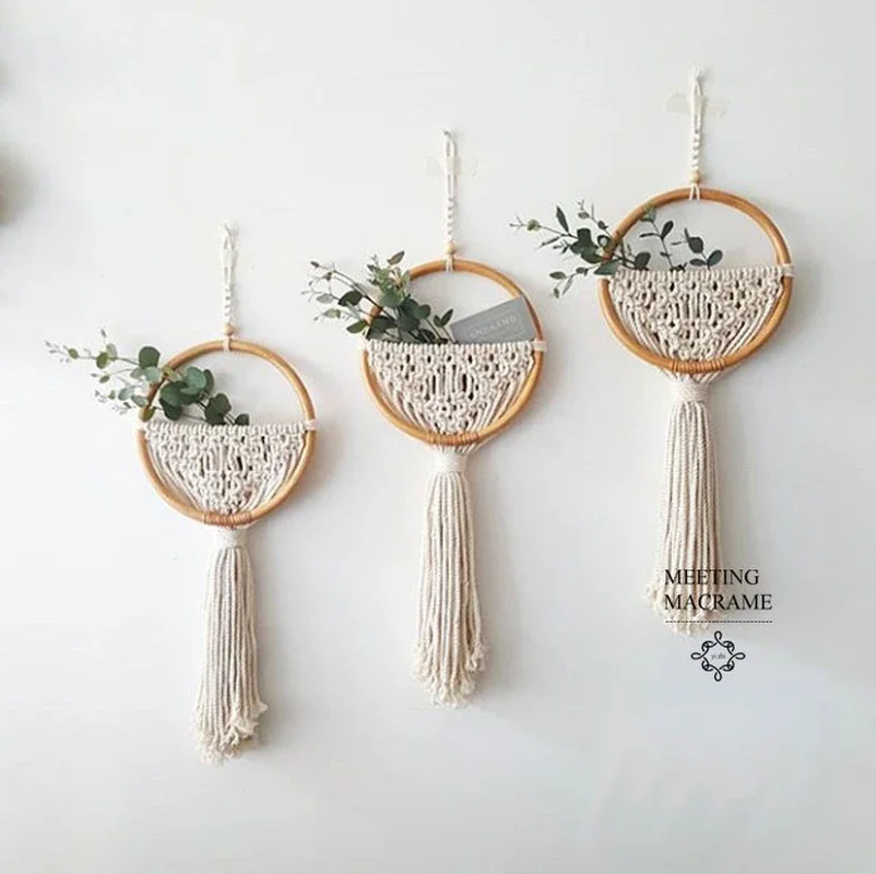 Macrame Wall Hanging Nordic Ins Door Wall Decoration Home Background Round Wall Tapestry Woven Flower Pot  Dorm Room Decor