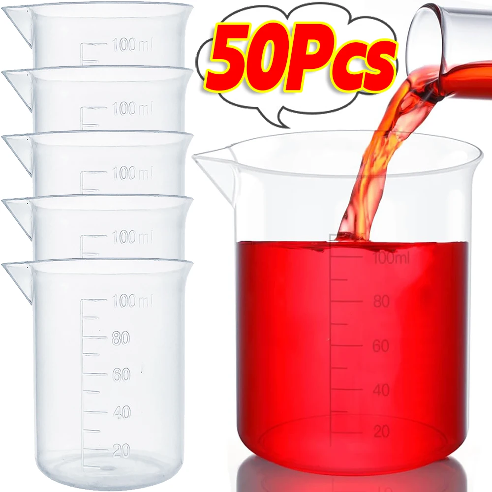 50/1Pcs Lab Beaker Plastic Test Measuring Scale Cup Transparent Graduated Mug Liquid Volumetric Container Kitchen Tools 100ML