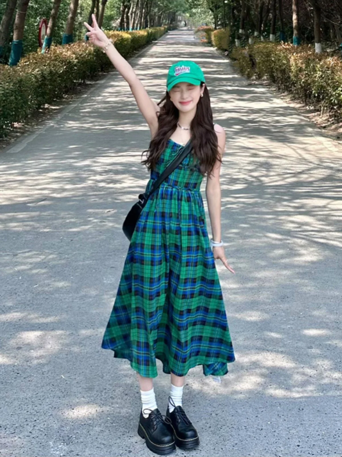 Vestido camisola xadrez verde francês pausa para chá para mulheres no verão, com cintura fina e saia longa elegante