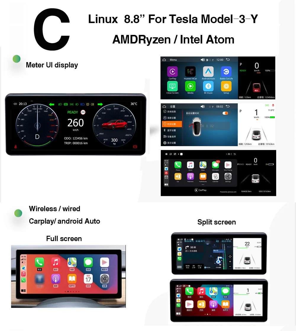 10.26 \'\'android 12.0 4G 64G linux per Tesla Model 3 Y car lcd meter strumento cruscotto touch screen style console display LCD