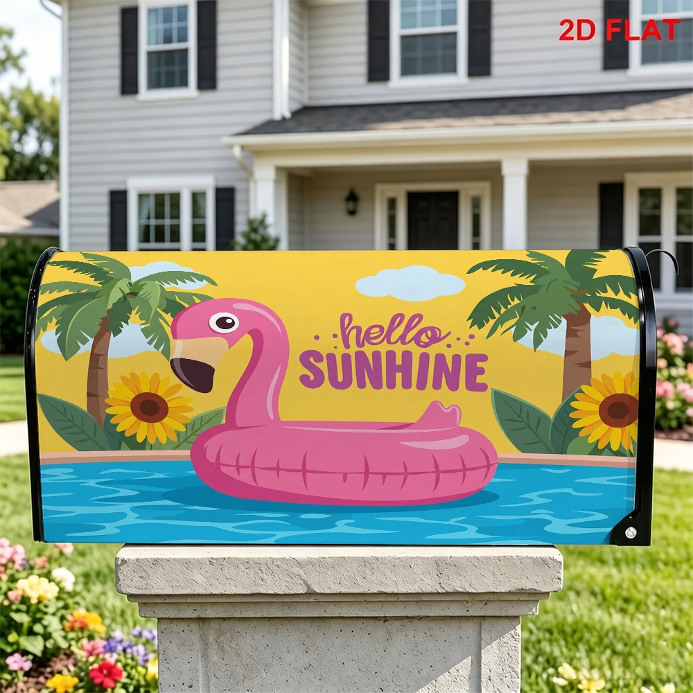 Summer Flamingo Pool Mailbox Cover, Pink Float, Palm & Sunflower, Hello Sunshine
