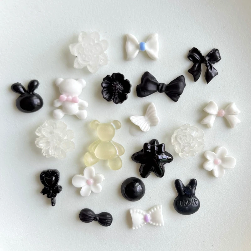 55 pieces of mixed resin mini black bow white teddy bear rhinestone DIY nail art 3D decoration A154
