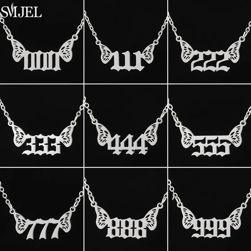 Butterfly Angel Number Necklace 000 111 222 333 444 555 666 777 888 999 Stainless Steel Chain Necklaces for Women Men Birthday