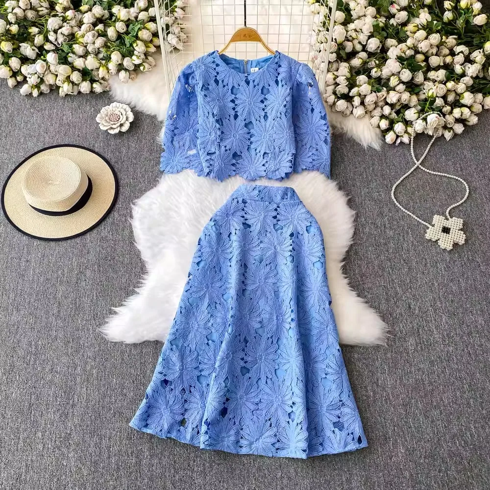 Vintage 2 Piece Sets Women Outfit O-Neck Zipper Short Tops + Lace Embroidery Hollow Out A-Line Skirt Beach New Two Piece Set