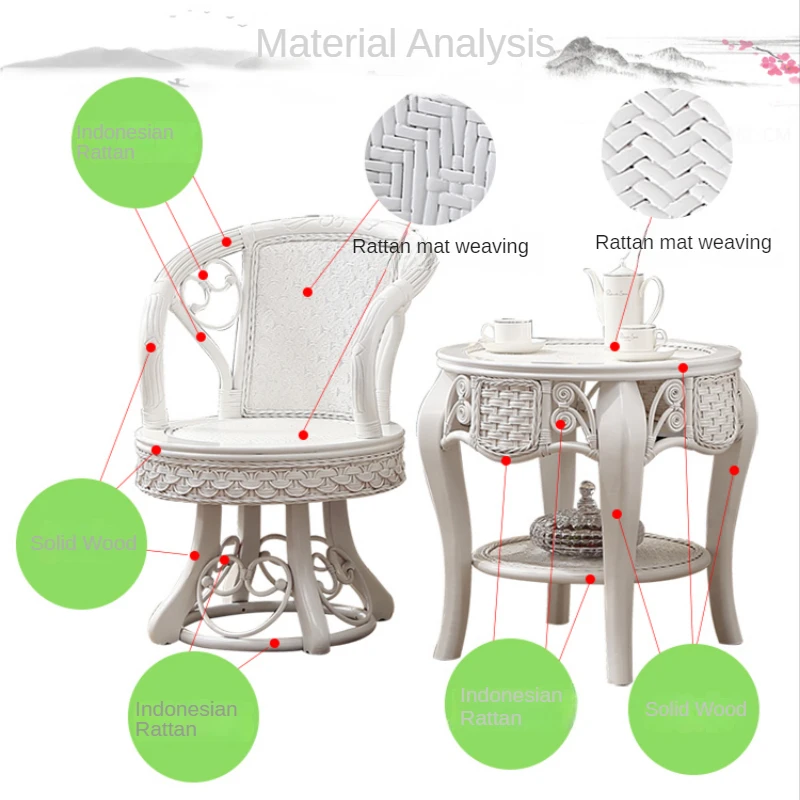 Balcony Real Rattan Table Chair Tea Table Combination White Solid Wood Rattan Tea Table Three-piece Set of Furniture