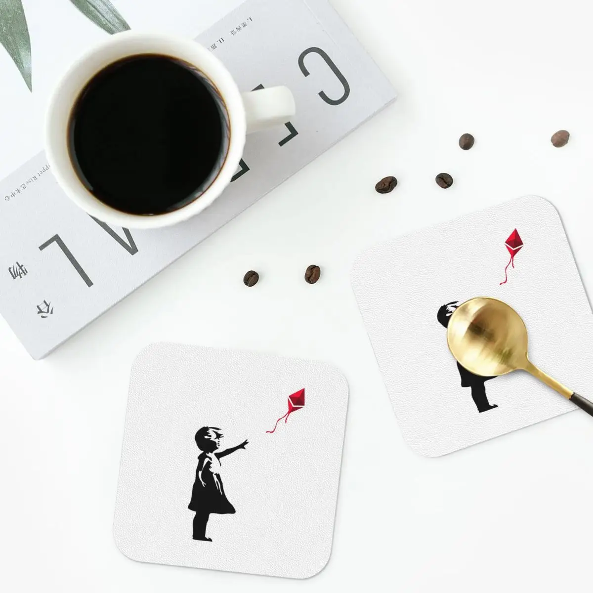 Ethereum X Banksy Balloon Girl Coasters, sets de 6 dessous-de-plat antidérapants en cuir PVC pour la maison, la cuisine et la salle à manger