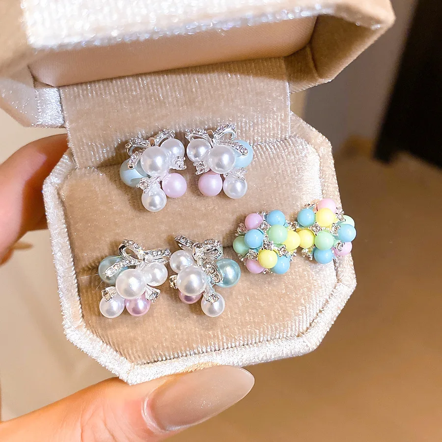 

Small Round Ball Imitation Pearl Beads Stud Earrings for Women Sweet Multi-color Acrylic Rhinestones Bow Ear Studs Dating