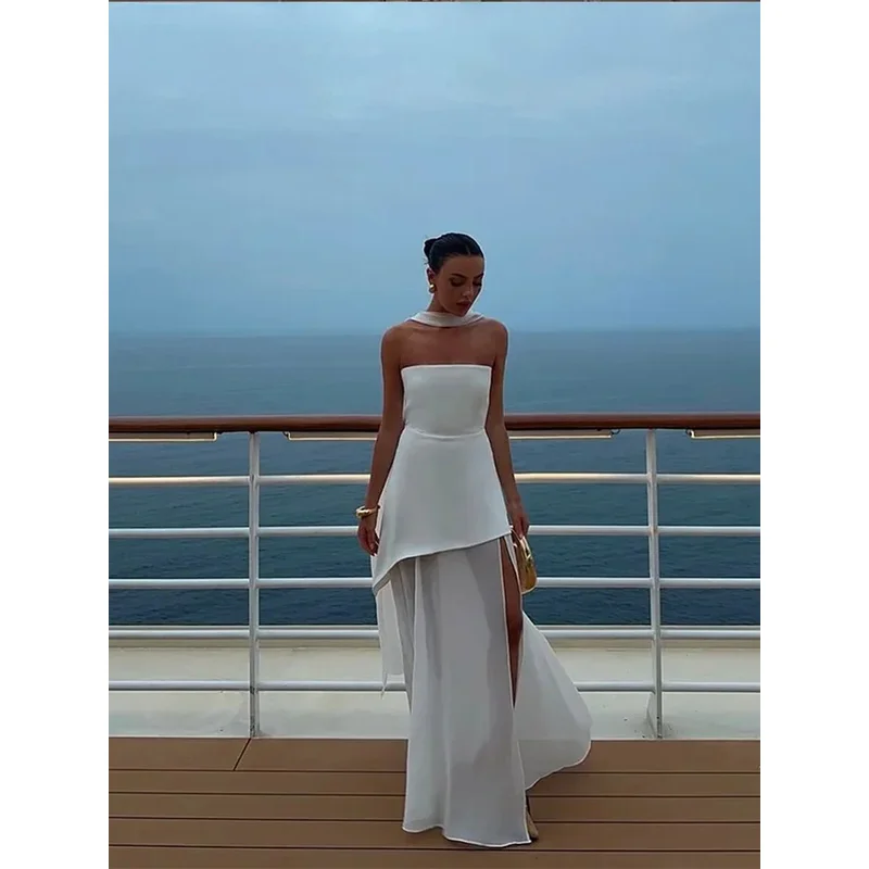 JINIA Strapless Ribbon Maxi Dress |   Mesh Patchwork Backless Elegant Beach Vacation Robe 2025