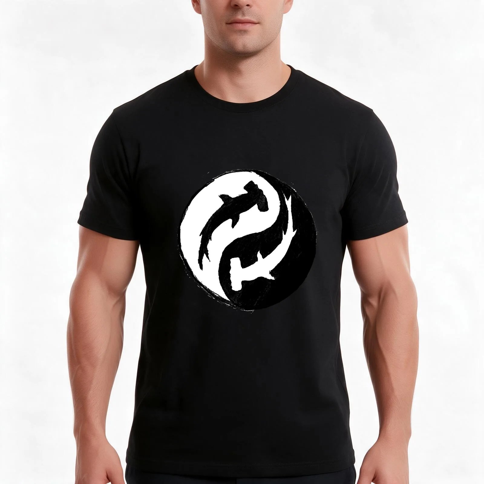 Hammer Head Shark Yin Yang Taichi Symbol T-Shirt, Summer Casual Cotton Tee, Oversized Streetwear Tops, Vintage Graphic Print