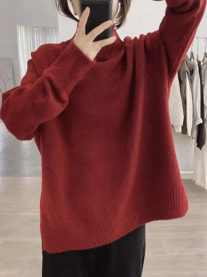 ارتفاع طوق تريكو ملابس خارجية فضفاضة التخسيس البلوز الخريف الشتاء Sle لينة مريحة قاعدة طبقة عادية Faion المرأة #5