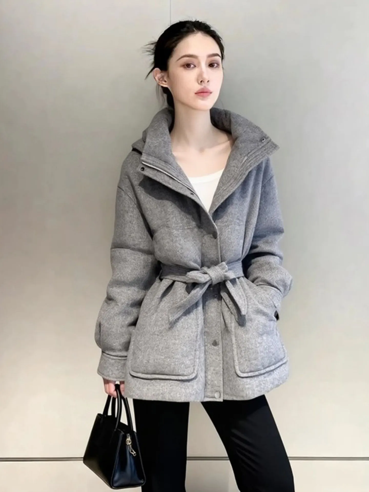 Ele ey Casaco feminino de comprimento médio com capuz Jaet Thi quente e emagrecedor casual Sle Stand Fit branco Du down