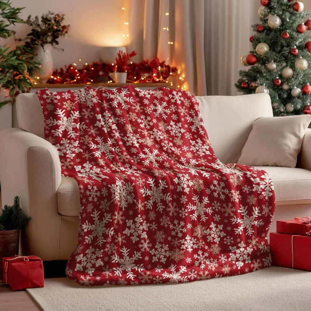 

Red Snowflake Flannel Blanket - Cozy Plush Fleece Throw for Couch, Sofa, and Bed Lounge