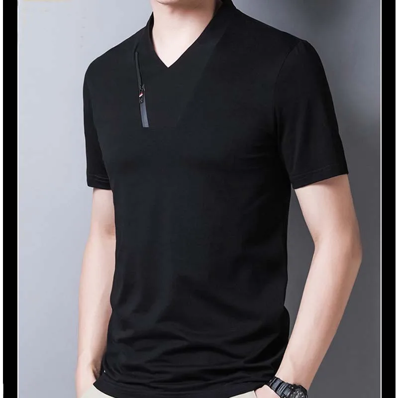 

Summer Men's Short-sleeved T-shirt Zipper Collar Handsome Top Korean V-neck Mercerized Cotton T-shirt Trend Men's Clothing