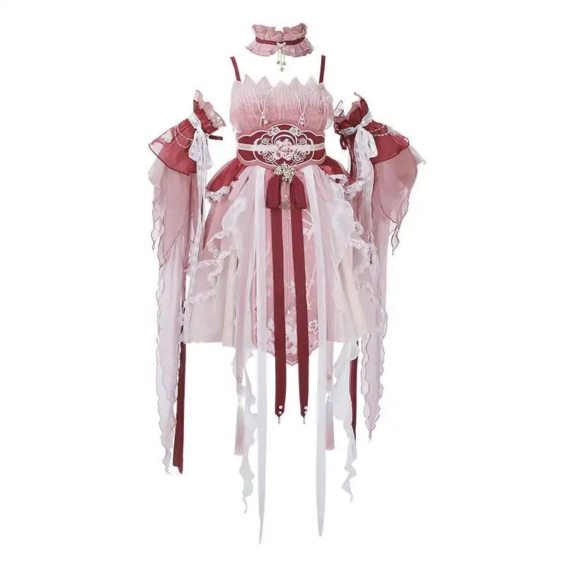 Chinese Style OP Lolita Dress Hanfu Fairy Cosplay Costume Folk Dance Wear Sweet Kawaii Cute Fairy Lace Print Ruffle Lolita Dress