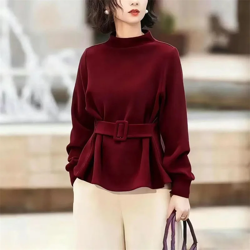 

Korean Female Design Sense Long Sleeves Tops Women Half High Collar Short Coat Spring Autumn Ladies Solid Color Belt Base Shirt