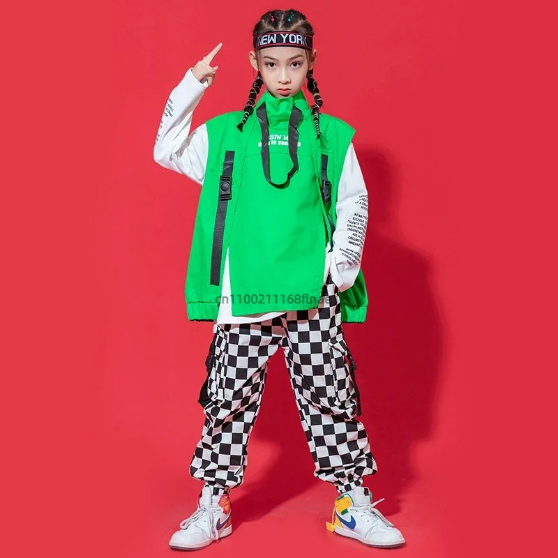 Street-Dance-Set für Jungen, Hip-Hop-Jazz-Outfit, ärmellose Weste, karierte Hose mit langen Ärmeln, Bühnenkostüm für Kinder, geeignet für Auftritte und Shows. – Detail 6