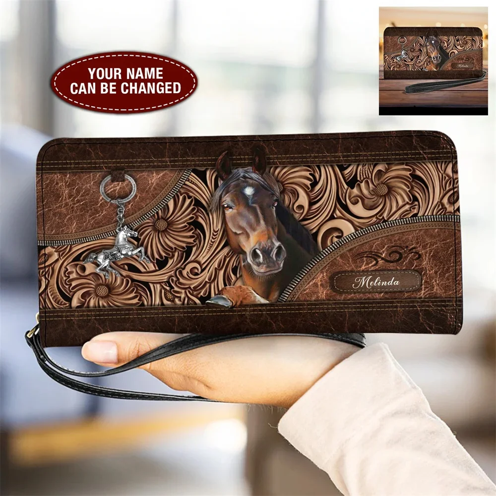 

Vintage Brown Horse Design Women's Clutch Purse Luxury Leather Wristlet Strap Wallet for Ladies Long Card Holder Coin Bag Female