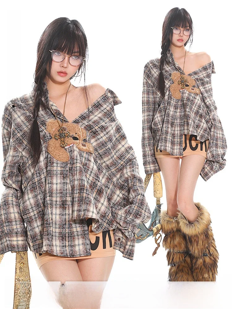 

Женская свободная рубашка Uncmhisex с винтажным принтом медведя, универсальная, для ранней весны, в стиле lazy layering, повседневная, с длинным рукавом